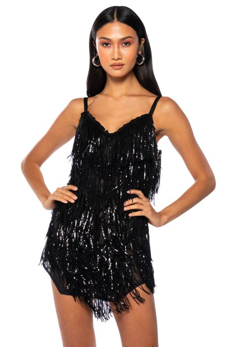 SHOW OUT FRINGE MINI DRESS IN BLACK