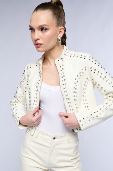 SILVIA STUDDED FAUX LEATHER MOTO JACKET