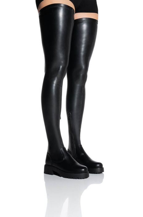 **SLIM FIT** AZALEA WANG SURGICAL FLATFORM BOOT WITH 4 WAY STRETCH IN STRETCH PU in black