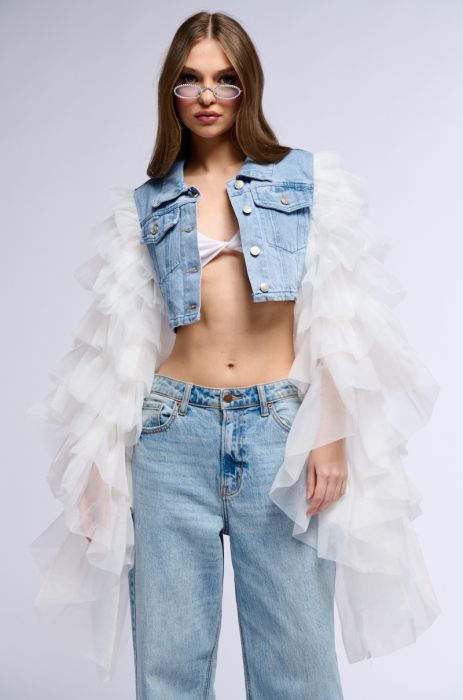 SWAN PRINCESS DENIM JACKET WITH RUFFLE SLEEVES IN DENIM