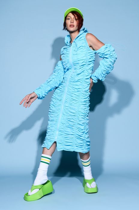 TAKE MY LEAD COLD SHOULDER NYLON TRENCH DRESS IN BLUE