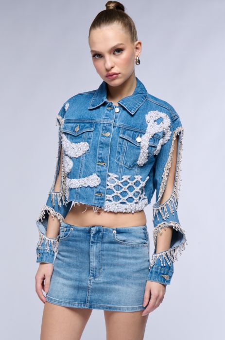 TEXAS BOUND RHINESTONE FRINGE PEARL CROP DENIM JACKET WITH CUT OUT SLEEVE