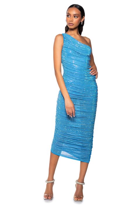 THAT GIRL RHINESTONE MIDI DRESS IN BLUE