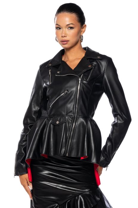 THE LATE GREAT HIGH LOW PEPLUM MOTO JACKET in black