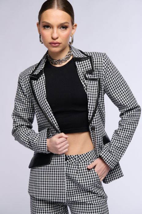 THE ONE GINGHAM BLAZER WITH PU TRIM IN WHITE BLACK