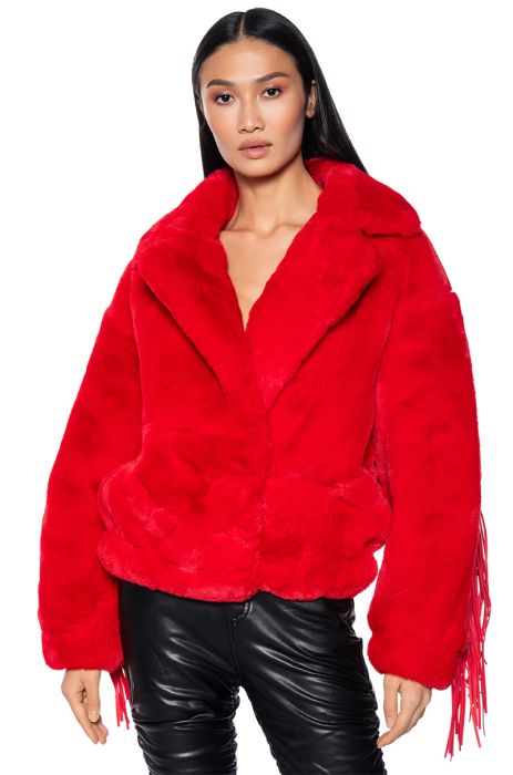 TIME TO SHINE FRINGE FAUX FUR COAT IN RED