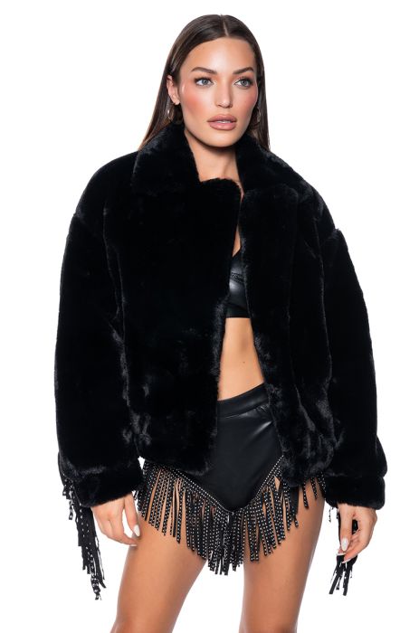 TIME TO SHINE STUDDED FRINGE FAUX FUR COAT IN BLACK