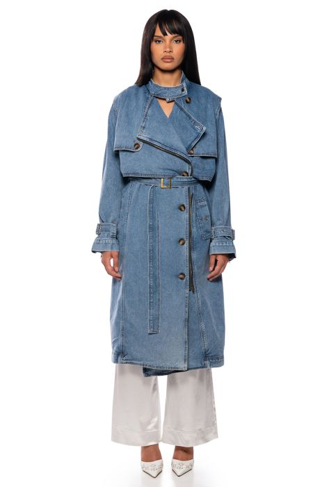 TOOK A WALK ON BLOOME DENIM TRENCH in medium blue denim