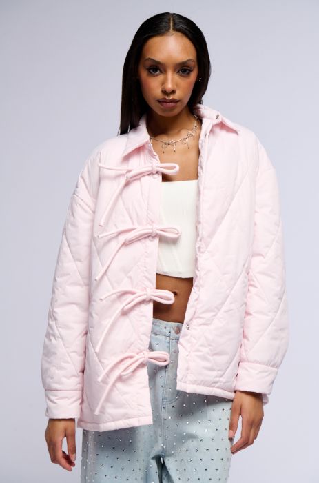 TRIBECCA PALE PINK QUILTED BOMBER WITH BOWS