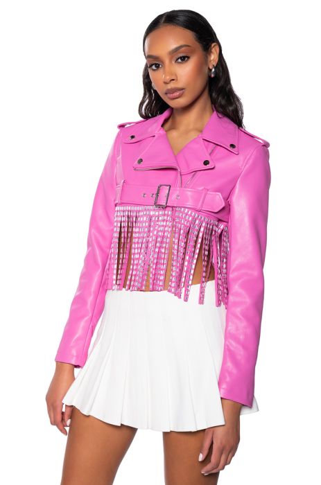 ULTRA CROP MOTO WITH DRIPPING RHINESTONES IN PINK