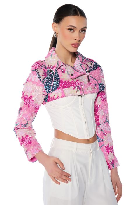 ULTRA CROP MOTO WITH FLORAL SEQUINS