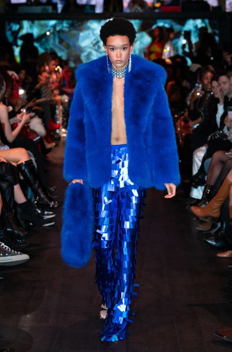 YETI SHARP SHOULDER FAUX FUR COAT IN BLUE