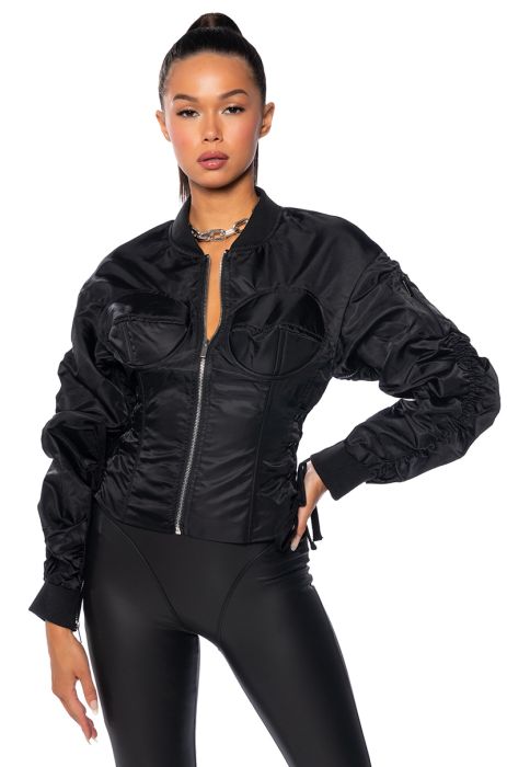 YOUR MOVE FITTED CORSET BOMBER WITH ADJUSTABLE SIDE LACE UP DETAILING IN BLACK