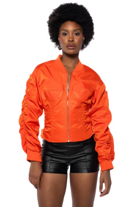 YOUR MOVE FITTED CORSET BOMBER WITH ADJUSTABLE SIDE LACE UP DETAILING IN ORANGE